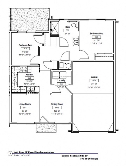 Floor plan for 2 beds, 1 bath, 927 sqft